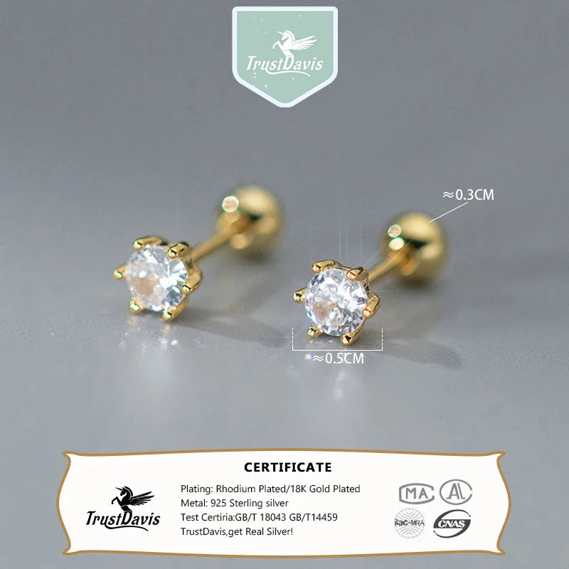 TrustDavis Genuine 925 Sterling Silver Classic White Zircon Threads Stud Earrings for Daughter Children Birthday Jewelry DS4464