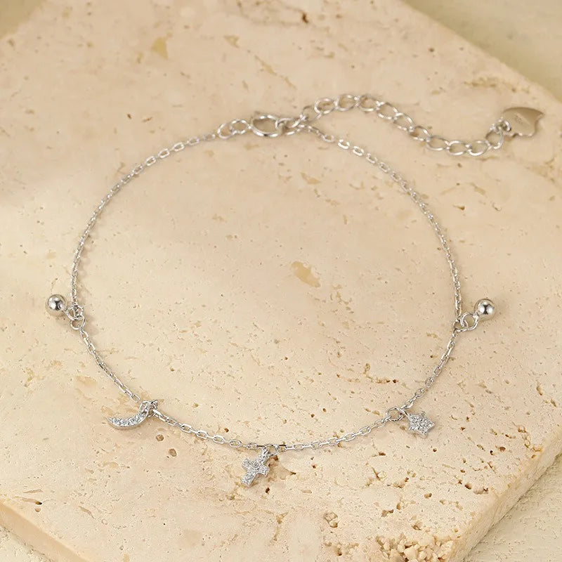 Real 925 Sterling Silver Star and Moon Cross Zircon Bracelet DS4946