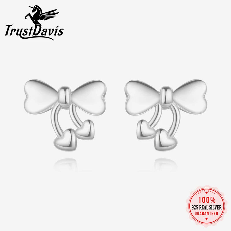999 Sterling Silver Cute Heart Bowknot Screw Stud Earrings DS4626