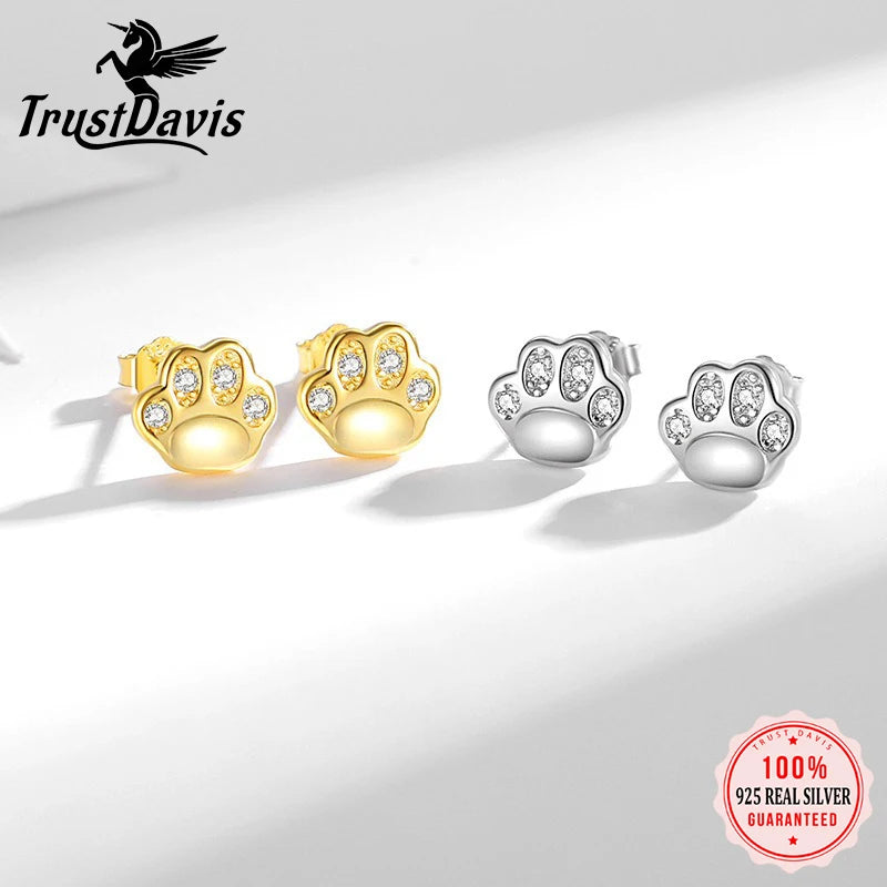 TrustDavis 925 Sterling Silver Women's Fashion Sweet Animal Cat Paw Earrings for Women Girls Jewelry Gift DS4438