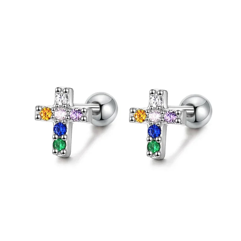 Corss Moon Bead Screw Stud Earrings DS4143