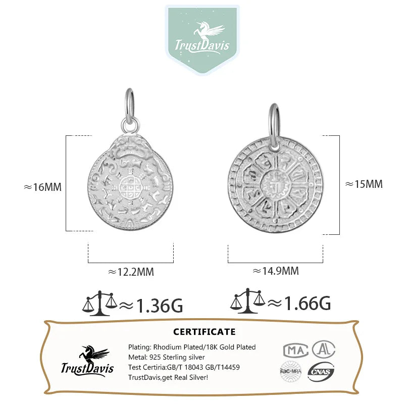 TrustDavis Real 925 Sterling Silver Sweet Round Card Pendant Handmade DIY Fit Necklace Bracelet Accessories Fine Jewelry DZ720