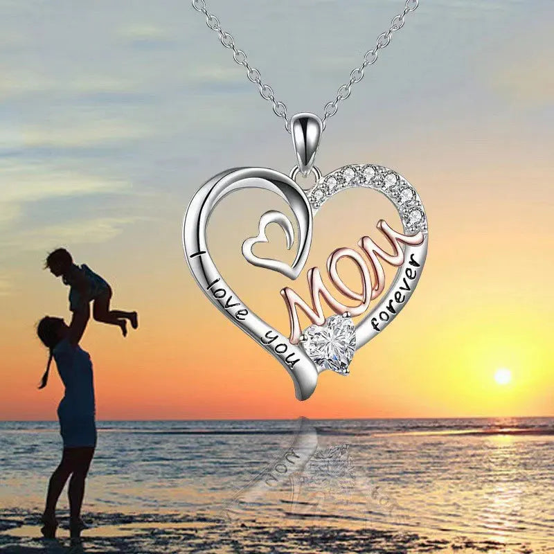 TrustDavis 925 Sterling Silver Heart-shaped Letters Mom with Diamond Necklace for Mother's Day Birthday Gift Jewelry DS4190