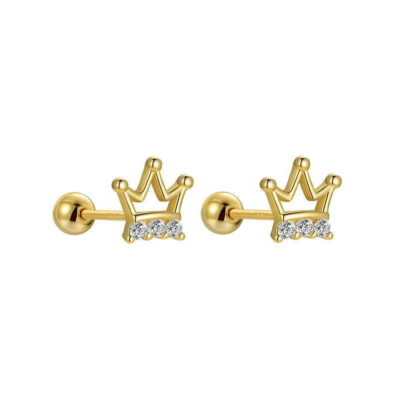 Simple Zirconia Hollow Crown Screw Earrings for Women Girls Jewelry Gift DS4278