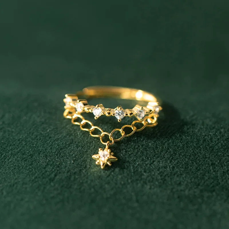 TrustDavis Real 925 Sterling Silver Sweet Double Layer Chain CZ Opening Rings For Women Wedding Party Fine S925 Jewelry DA2570