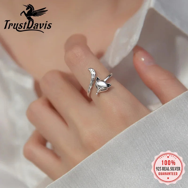Trustdavis Real 925 Sterling Silver Sweet INS Animal Fox Opening Rings For Women Office Lady Daily Fine 925 Jewelry Gift DG0204