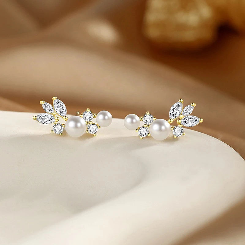 TrustDavis 925 Sterling Silver Women's Pearl Earrings Fashion Sweet Leaf with Pearl Earrings for Women Girls Jewelry Gift DS4437