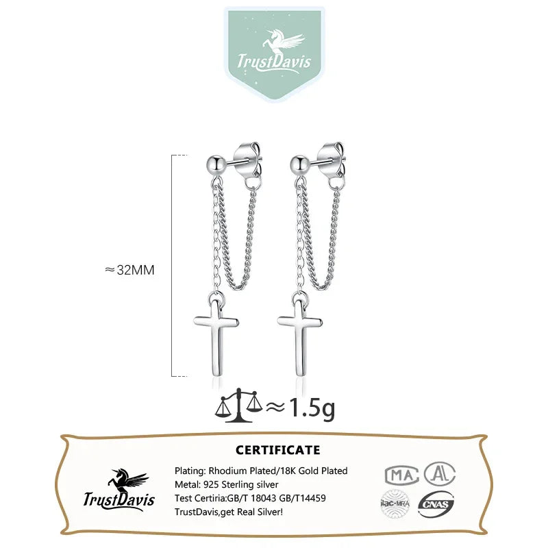 TrustDavis 100% 925 Sterling Silver Cross Chain Stud Earrings Beautiful For Women Lady Silver 925 Jewelry Gift ED470