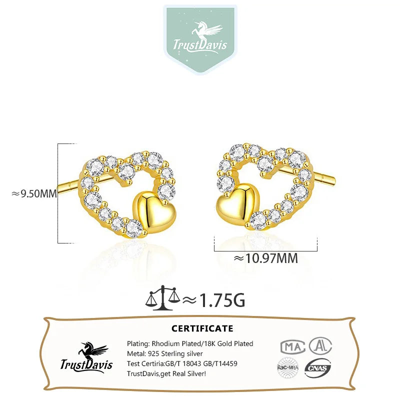 TrustDavis 925 Sterling Silver Women's Fashion Zircon Heart Hollow Earrings and Necklace Set for Women Girls Jewelry Gift DS4432