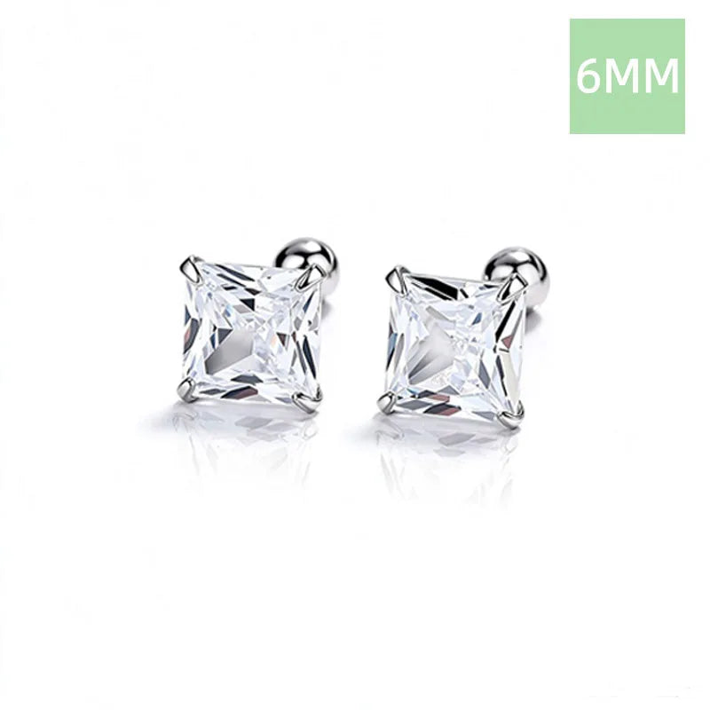 Silver 4 Prong Princess Cut CZ Screw Earrings DS5008