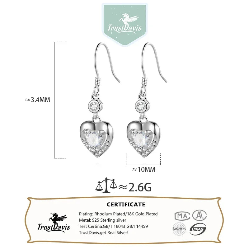 Trusta Fashion Genuine 925 Sterling Silver Fashion Charm Heart Zircon Stud Earrings for Women Silver 925 Earring Jewelry DS4125