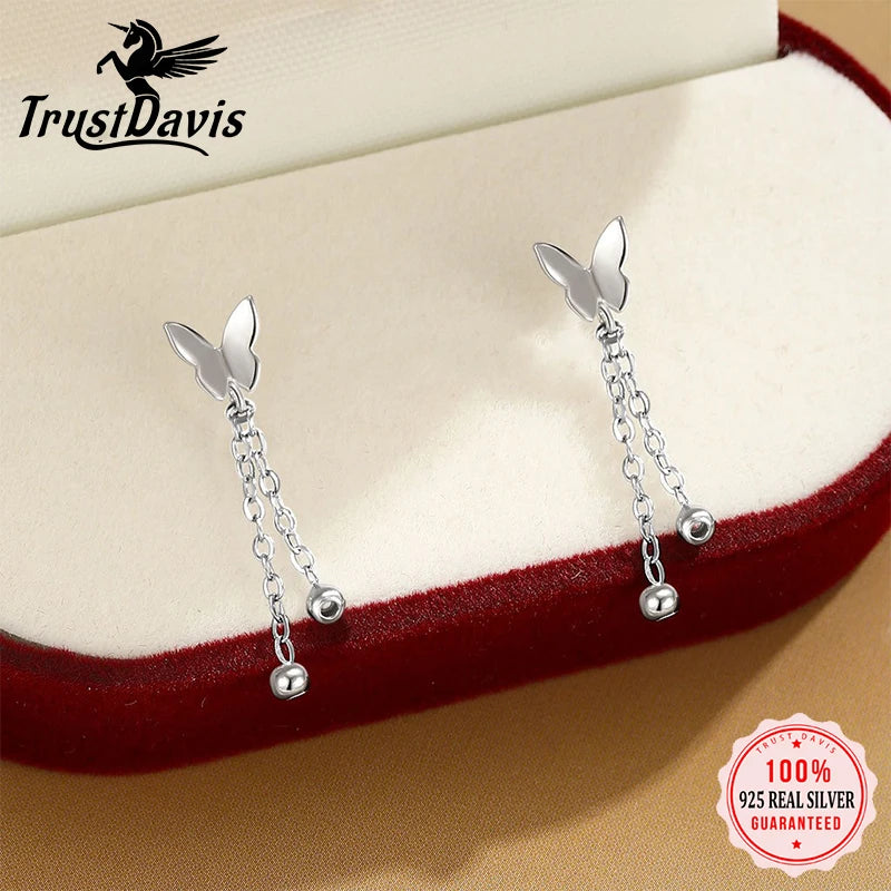 TrustDavis Real 925 Sterling Silver Women's Butterfly Earrings Sweet Butterfly Tassel Earrings for Women Gift Jewelry DS4472
