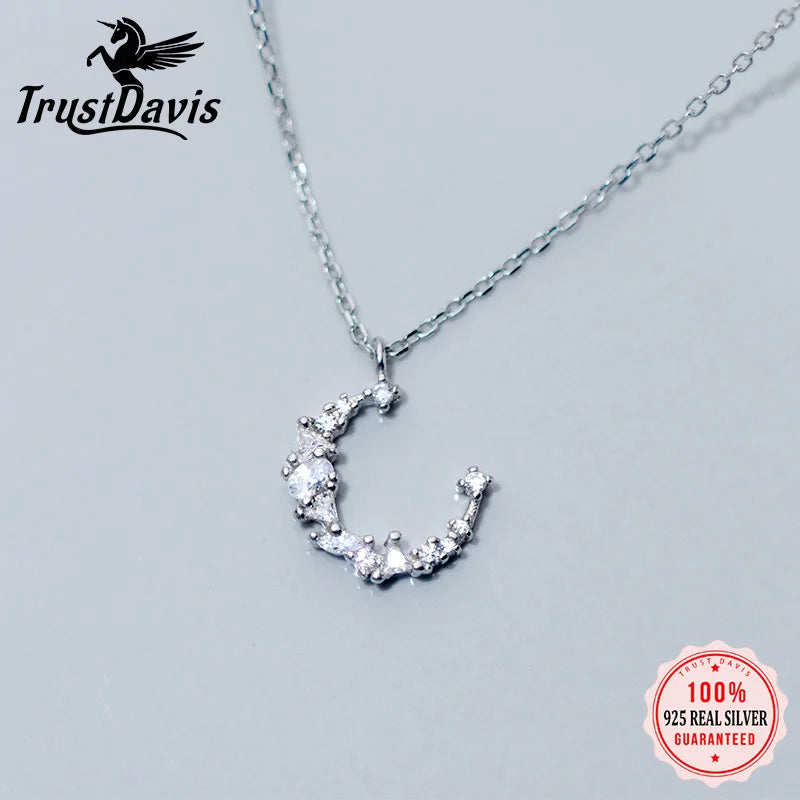 TrustDavis Real 925 Sterling Silver Fashion Twinkling Moon Ring Necklace For Women Wedding Anniversary Gift 925 Jewelry DS1348