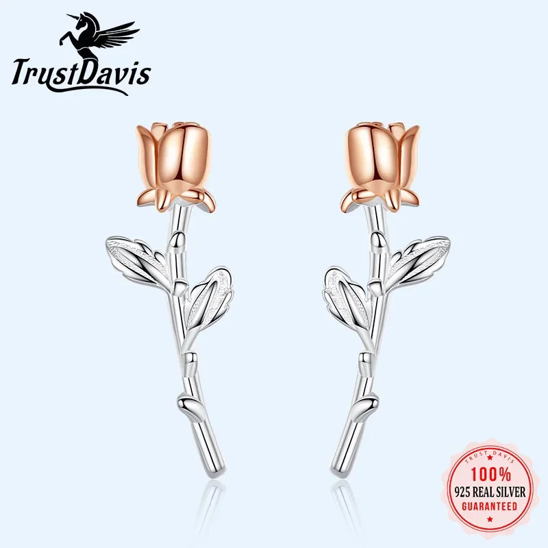 Trusta Genuine 925 Sterling Silver Earrings Valentine's Day Present Roses Flower Stud Earrings Gift For Girls Jewelry DS2330