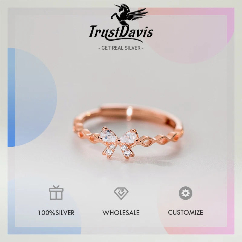 TrustDavis Real 925 Sterling Silver Ring Fashion Charm Bow Zirconi Ring for Women Adjustable Ring Fine Jewelry for Her DS4165