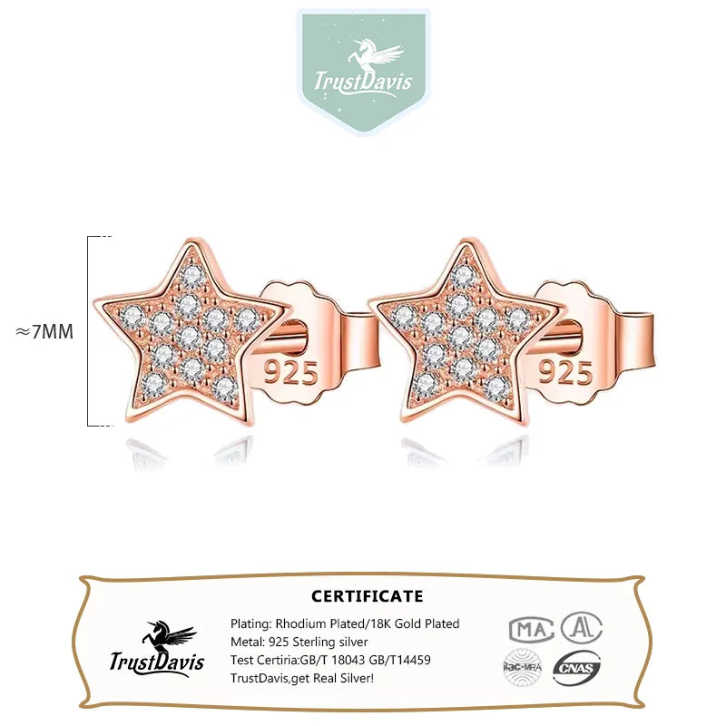 TrustDavis Genuine 925 Sterling Silver Sweet Dazzling Cute Star CZ Stud Earrings For Women Wedding Jewelry Gift DS2185