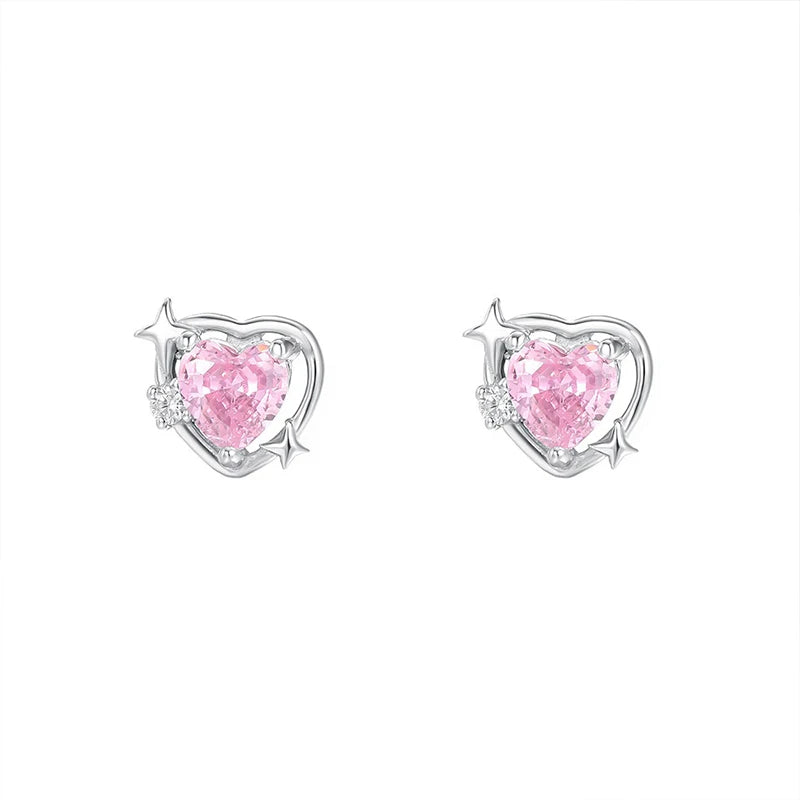 TrustDavis Real 925 Sterling Silver Heart Shaped Earrings Four-pointed Star Heart Zircon Earrings for Women Gift Jewelry DS4205