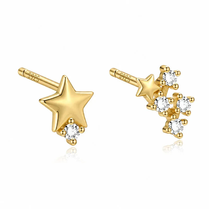 Real 925 Sterling Silver Asymmetrical Star Stud Earrings DS4957