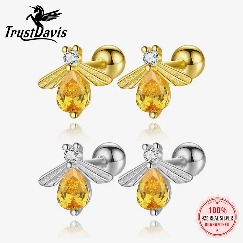 TrustDavis Real 925 Sterling Silver Cute Insect Bee Zircon Stud Earrings For Women Wedding Valentine's Day Jewelry DS4575
