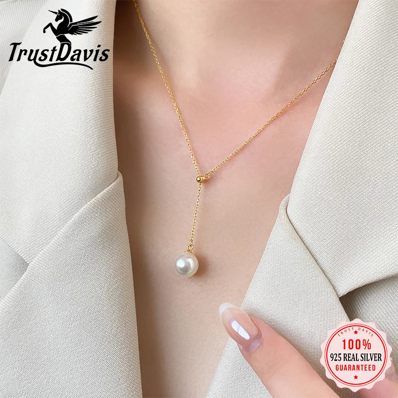 TrustDavis Real 925 Sterling Silver Sweet and Simple pearl Necklace for Women Mother's Day Fine Necklace Jewelry Gift DS4404