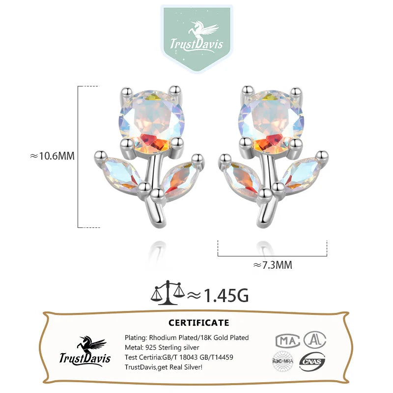 TrustDavis S925 Sterling Silver Fashion Zircon Flower Stud Earrings for Women Girls Fine S925 Jewelry DS4119