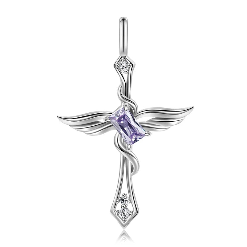 TrustDavis Real 925 Sterling Silver Women's Birthday Necklace Angel Wing Cross Necklace for Women Birthday Gift Jewelry DS4213