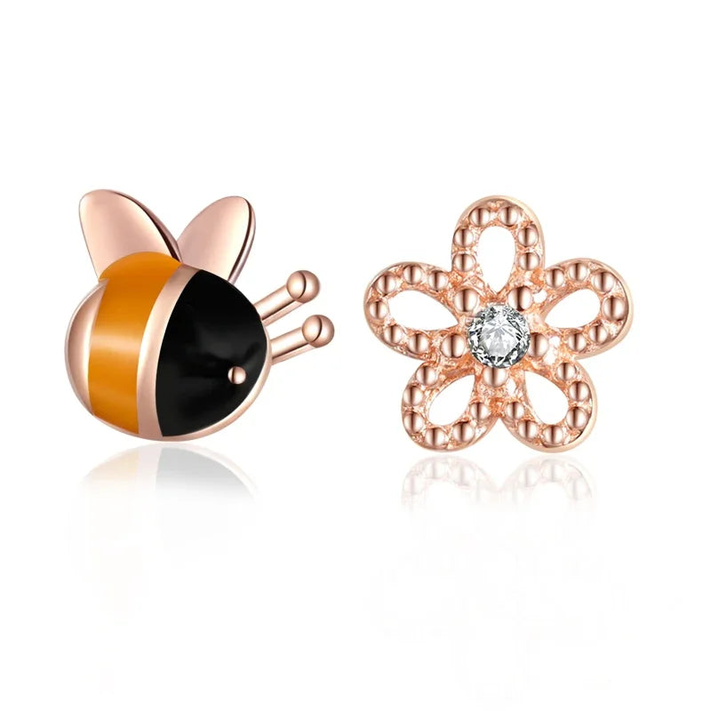 Asymmetrical Bee Flowers Stud Earrings DS734
