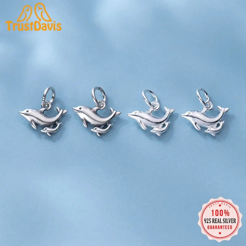 TrustDavis Real 925 Sterling Silver Fashion Sweet Double Dolphins Charm Pendant Handmade DIY Accessories Fine Jewelry DZ202