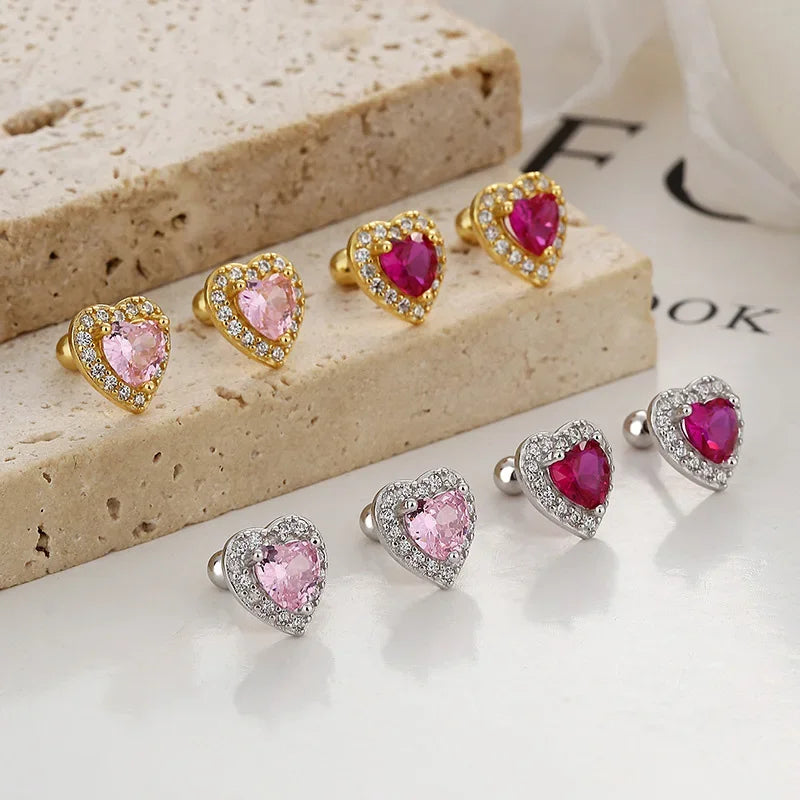 TrustDavis Authentic 925 Sterling Silver Pink Red Heart CZ Stud Earrings for Women Girls Kids Birthday Gift Jewelry DS3921