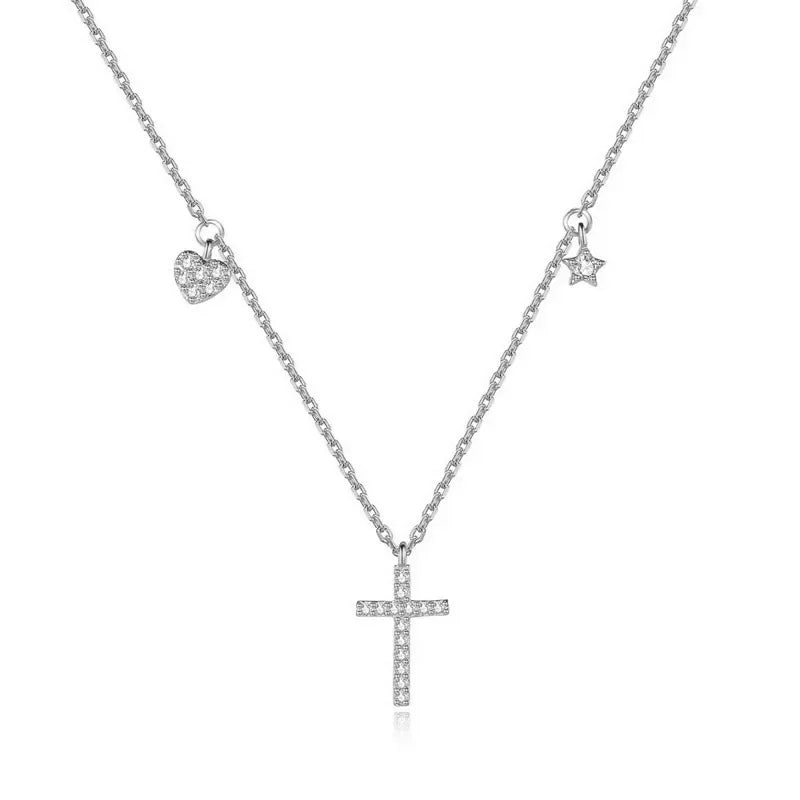 Dazzling CZ Cross Heart Star Pendant Short Necklace DS2485