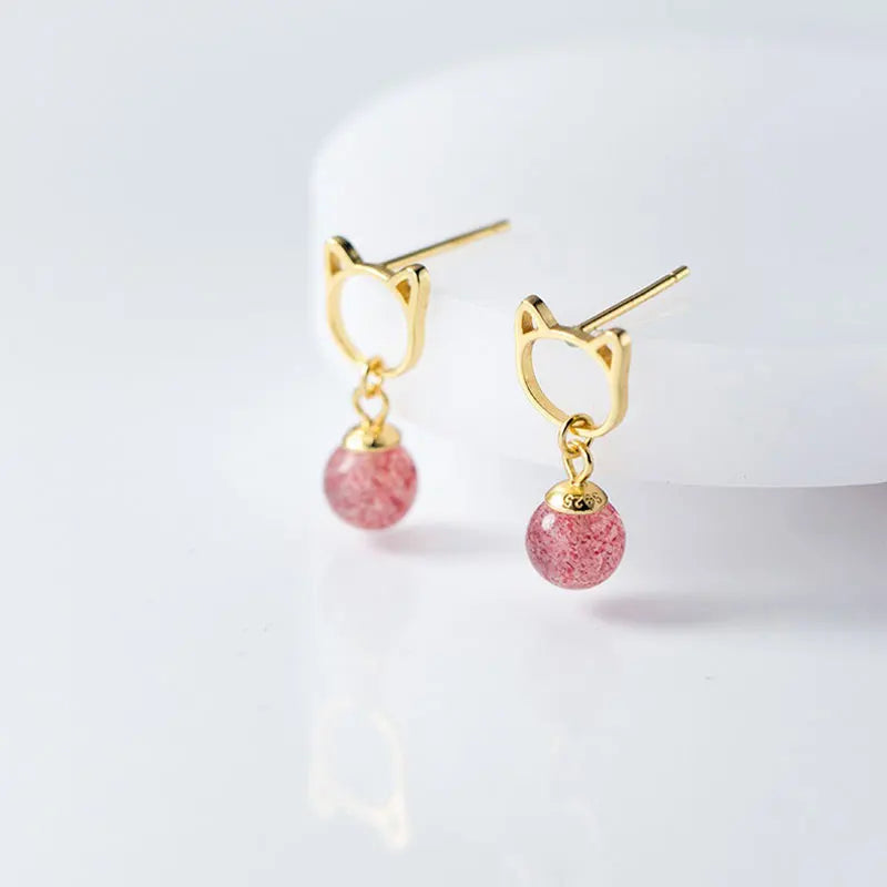 TrustDavis Real 925 Sterling Silver Cute Cat Pink Strawberry Crystal Earrings for Women Wedding Party Fine S925 Jewelry DS4385