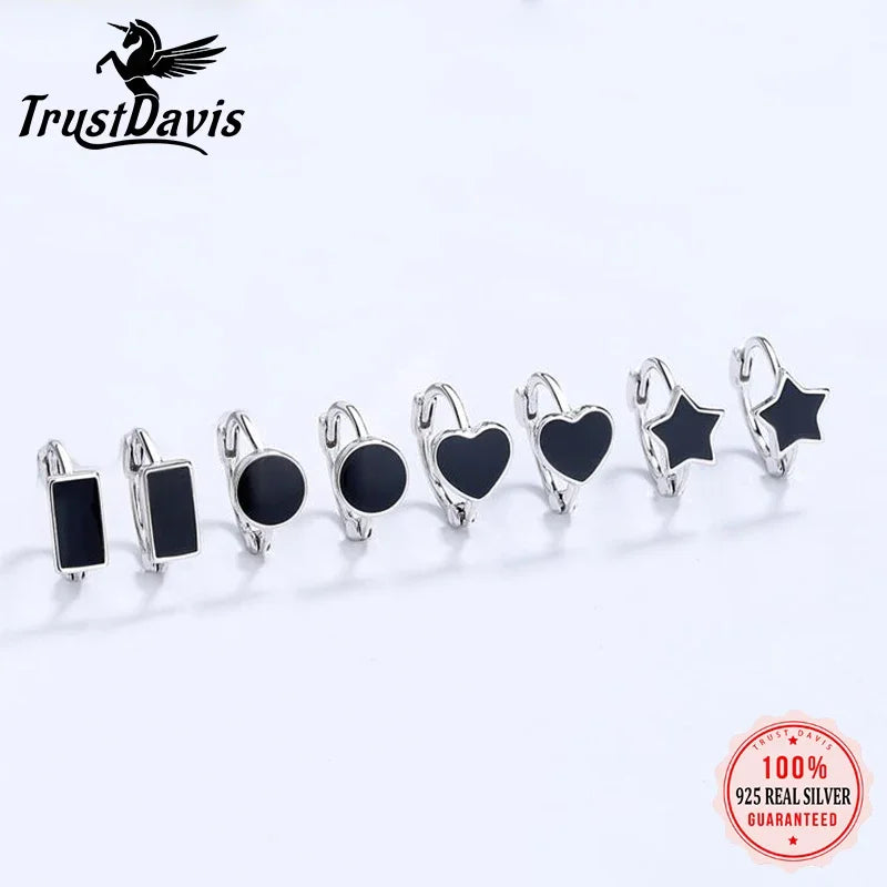 TrustDavis Real 925 Sterling Silver Black Glaze Heart Round Star Square Hoop Earrings For Women Wedding Party Jewelry DA2509