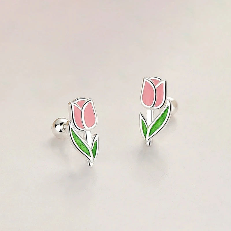 Trustdavis Real 925 Sterling Silver Sweet Fashion Tulips Fresh Stud Earrings Women Girls Birthday Party Gift Jewelry DS4136