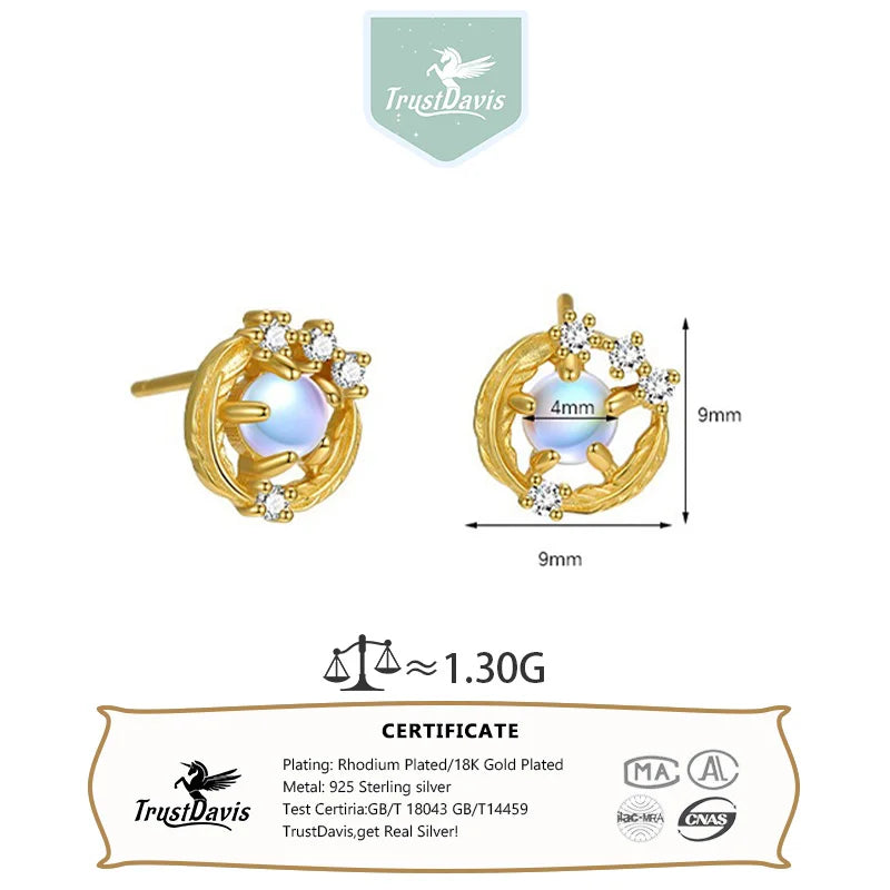 TrustDavis 925 Sterling Silver Women's Fashion Simple Round Feather Moonstone stud Earrings for Women Girls Jewelry Gift DS4474