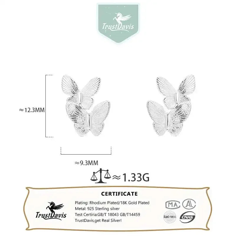 Trusta Genuine Fashion 925 Sterling Silver Fashion Butterfly Stud Earrings Party for Women Girl Wedding Jewelry Gift DS4017