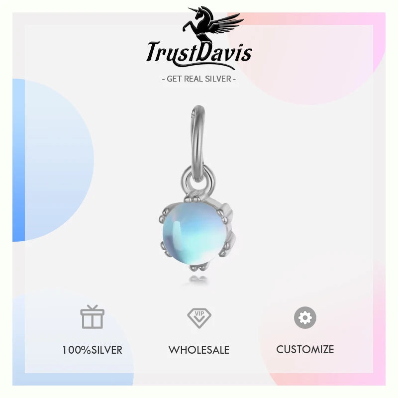 TrustDavis Real 925 Sterling Silver Fashion Round Moonstone Charm Pendant Handmade DIY Accessories Fine Jewelry Wholesale HY316