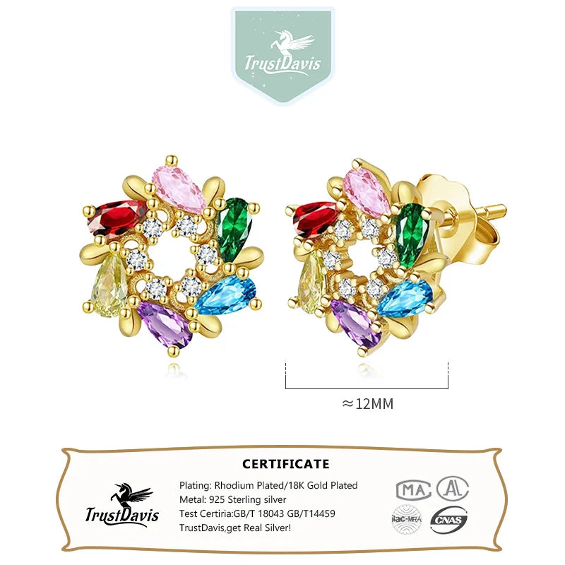 Trustdavis Real 925 Sterling Silver Sweet Waterdrop Colored Diamond Stud Earrings Women Girls Birthday Party Gift Jewelry DS4132
