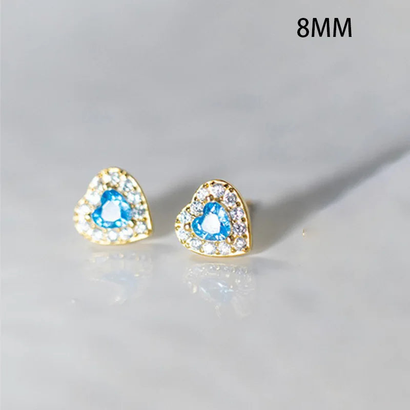 TrustDavis 925 Sterling Silver Fashion Heart Shaped Earrings Blue Diamond Stud Earrings for Women Fine Jewelry Gift DS4167