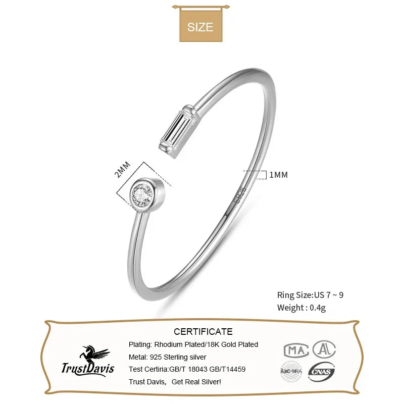TrustDavis Real 925 Sterling Silver 18K Gold Square Round CZ Opening Rings For Women Wedding Anniversary Fine Jewelry DE0041