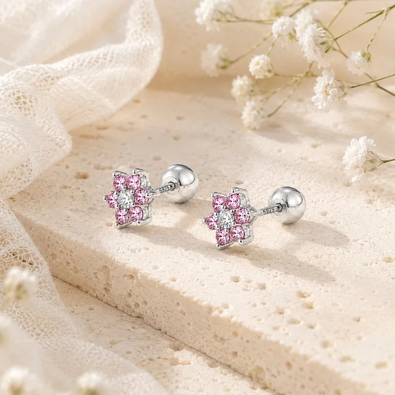 Pink Flower Zircon Earrings for Women Daily Wear Jewelry Gift DS4963
