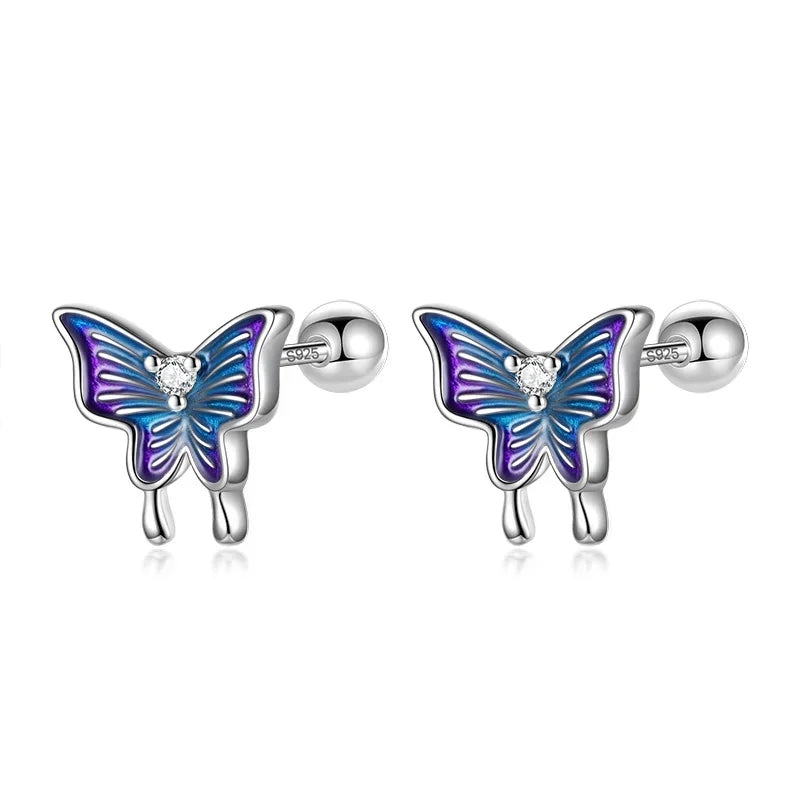 Real 925 Sterling Silver Kids Glaze Insect Butterfly Screw Earrings DG0195
