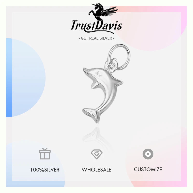 TrustDavis Real 925 Sterling Silver Fashion Animal Dolphin Charm Pendant Handmade DIY Accessories Fine Jewelry DZ1715