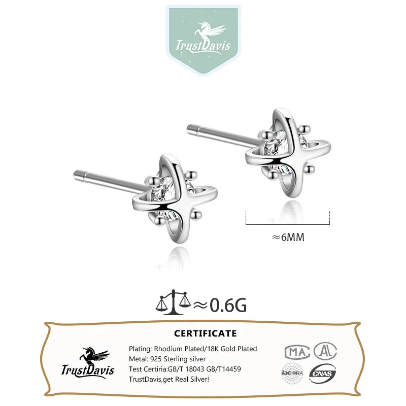 Real 925 Sterling Silver Planet Zircon Stud Earrings DS4956