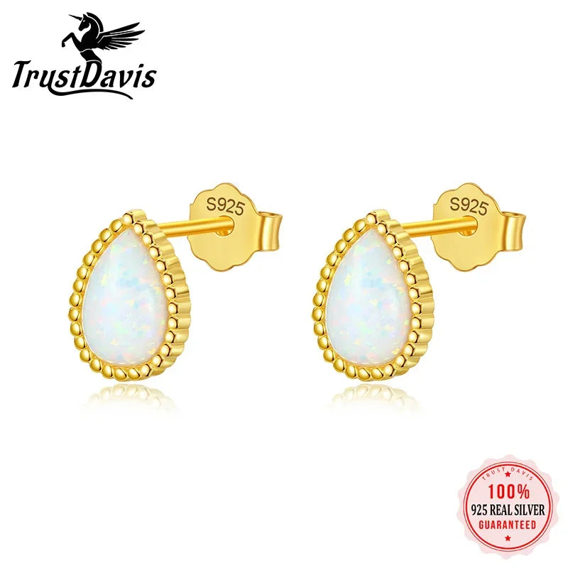 TrustDavis Genuine 925 Sterling Silver Fashion Sweet Gold Water Drop Opal Stud Earring For Women Wedding Fine 925 Jewelry DA2137