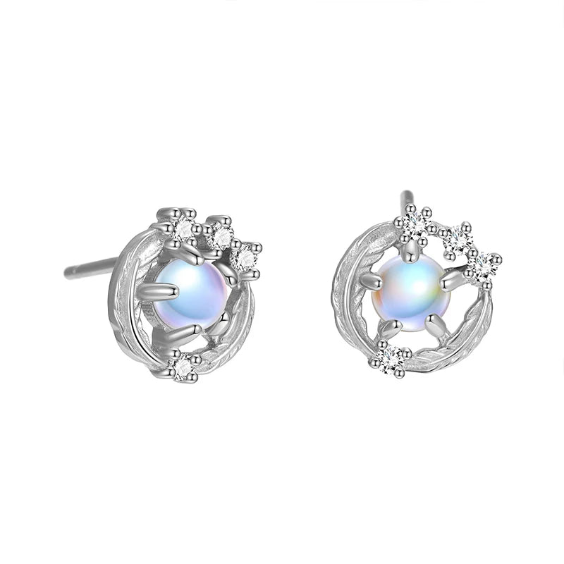 TrustDavis 925 Sterling Silver Women's Fashion Simple Round Feather Moonstone stud Earrings for Women Girls Jewelry Gift DS4474