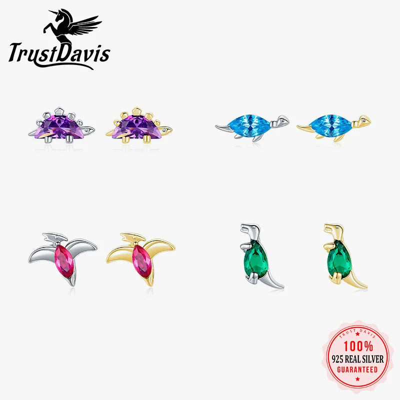 Trustdavis Real 925 Sterling Silver 1Pcs Fashion Cute Dinosaur Stud Earrings Women Girls Birthday Party Gift Jewelry DA1379