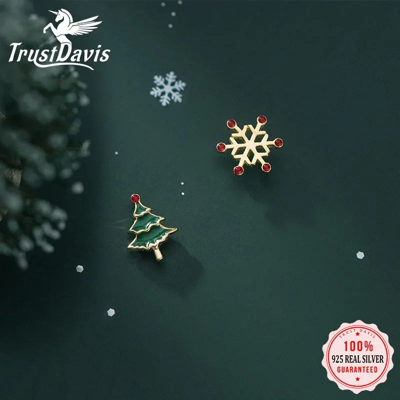 TrustDavis 925 Sterling Silver Asymmetric Snowflake Christmas Tree Stud Earring For Women Wedding Party Fine S925 Present DA227