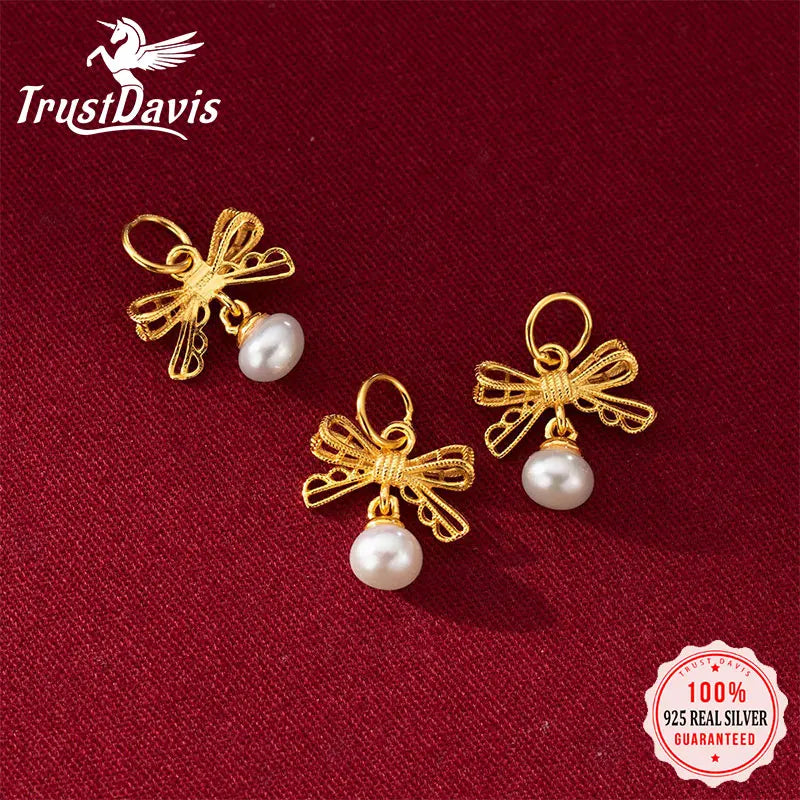TrustDavis 925 Sterling Silver Fashion Romantic Cute Pearl Bow Pendant DIY Necklace Bracelet Accessories Fine Jewelry DZ1835