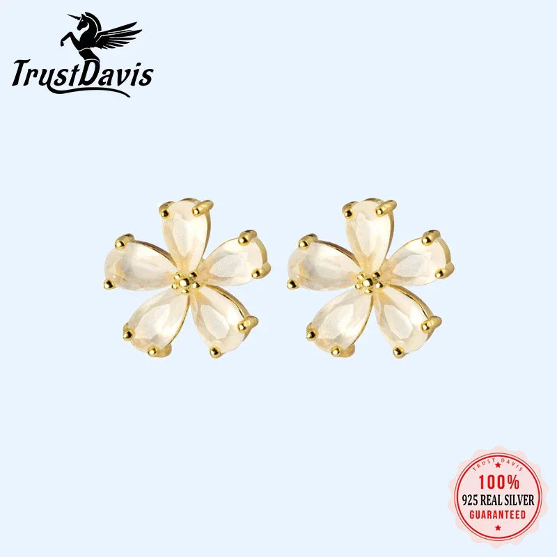 TrustDavis Real 925 Sterling Silver Stud Earrings For Women Gold Pretty Flower Valentine's Day Fine 925 Earring Jewelry DS2573