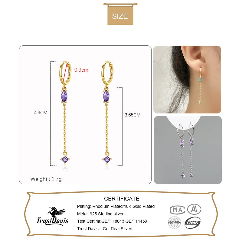 TrustDavis Real 925 Sterling Silver Fashion Colour Zircon Tassel Chain Hoop Earring For Women Wedding Party Fine Jewelry DA2707